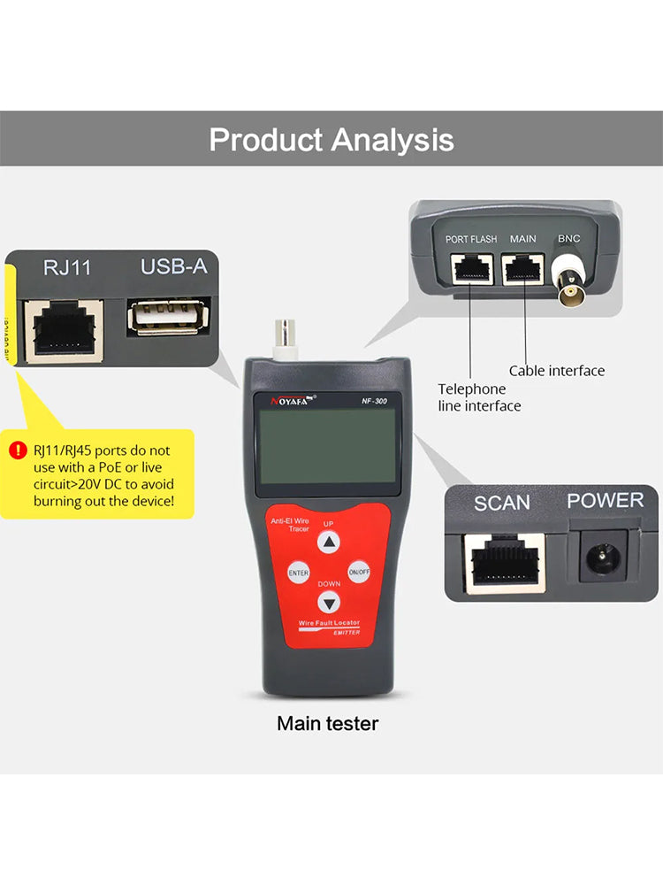 Noyafa NF-300 LCD Cable Tester Support Coax, RJ45, RJ11, USB-A, and Metal Cables