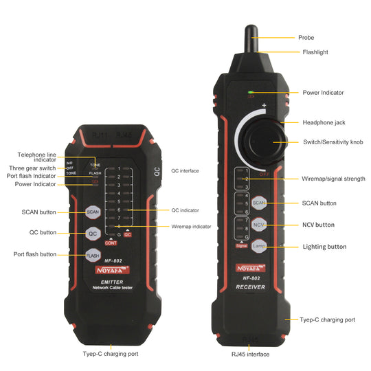 Noyafa NF-802デジタル信号トレース、ワイヤーマッピング、圧着&ポートフラッシュを備えたインテリジェントネットワークケーブルテスター - 迅速なネットワークメンテナンスのためのオールインワンツール