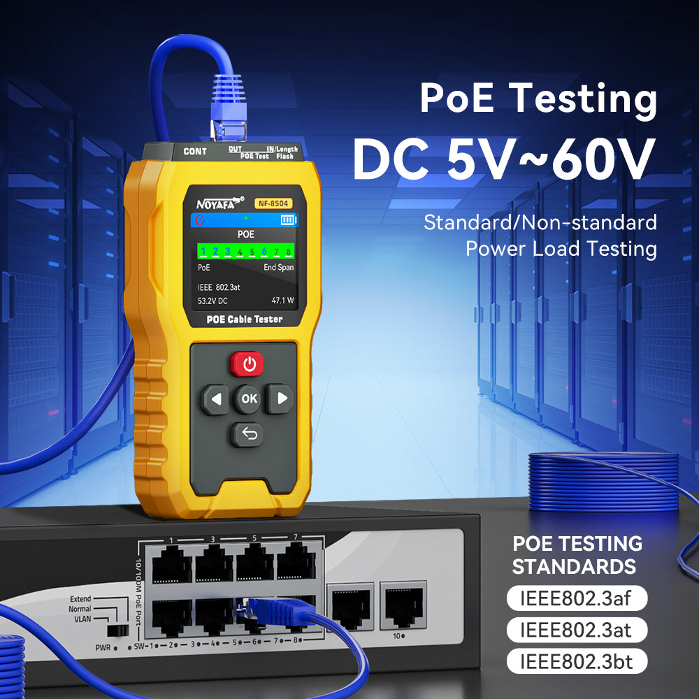 Noyafa NF-8504 PoE Cable Tester – Continuity, Length, Port Flash & PoE Diagnostics, 2.4″ Full-Color LCD Display