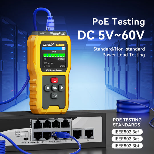 Noyafa NF-8504 PoE Cable Tester – Continuity, Length, Port Flash & PoE Diagnostics, 2.4″ Full-Color LCD Display