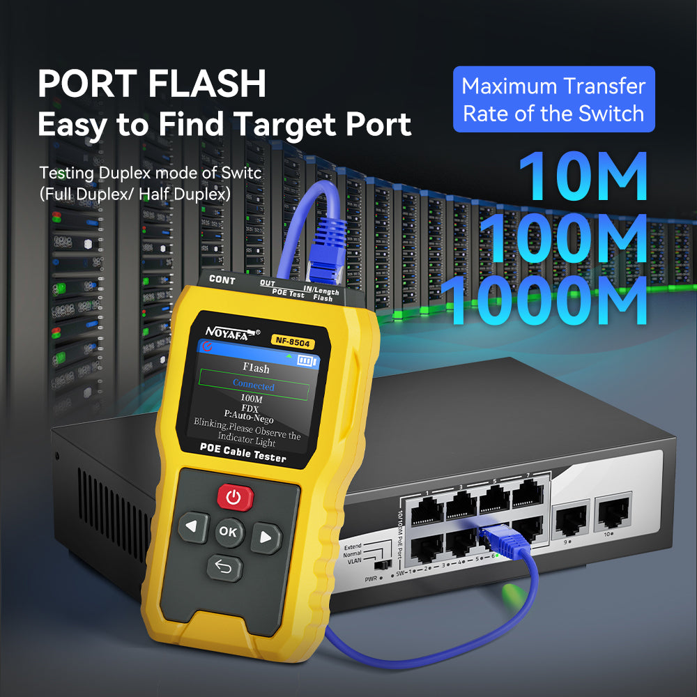 Noyafa NF-8504 PoE Cable Tester – Continuity, Length, Port Flash & PoE Diagnostics, 2.4″ Full-Color LCD Display