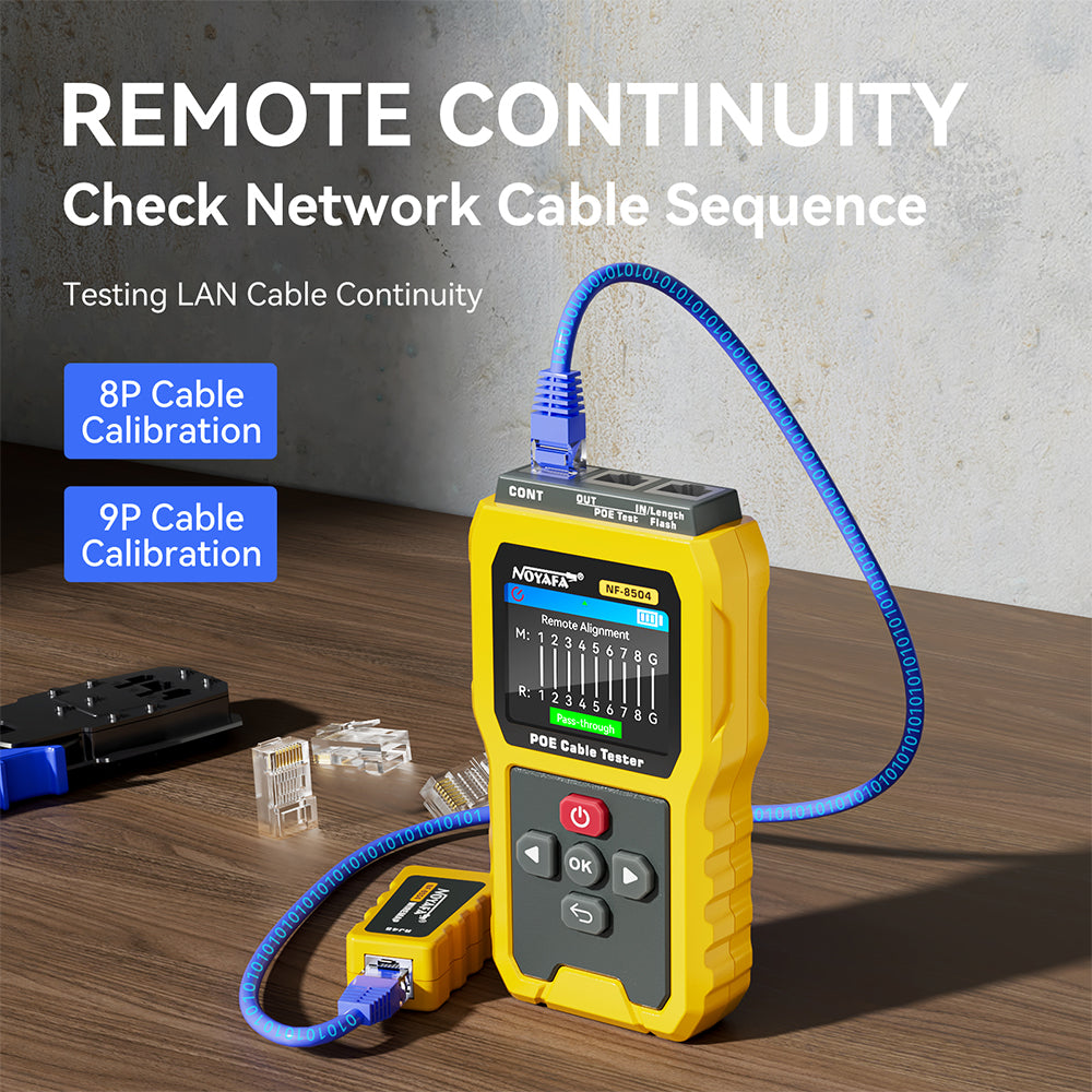Noyafa NF-8504 PoE Cable Tester – Continuity, Length, Port Flash & PoE Diagnostics, 2.4″ Full-Color LCD Display