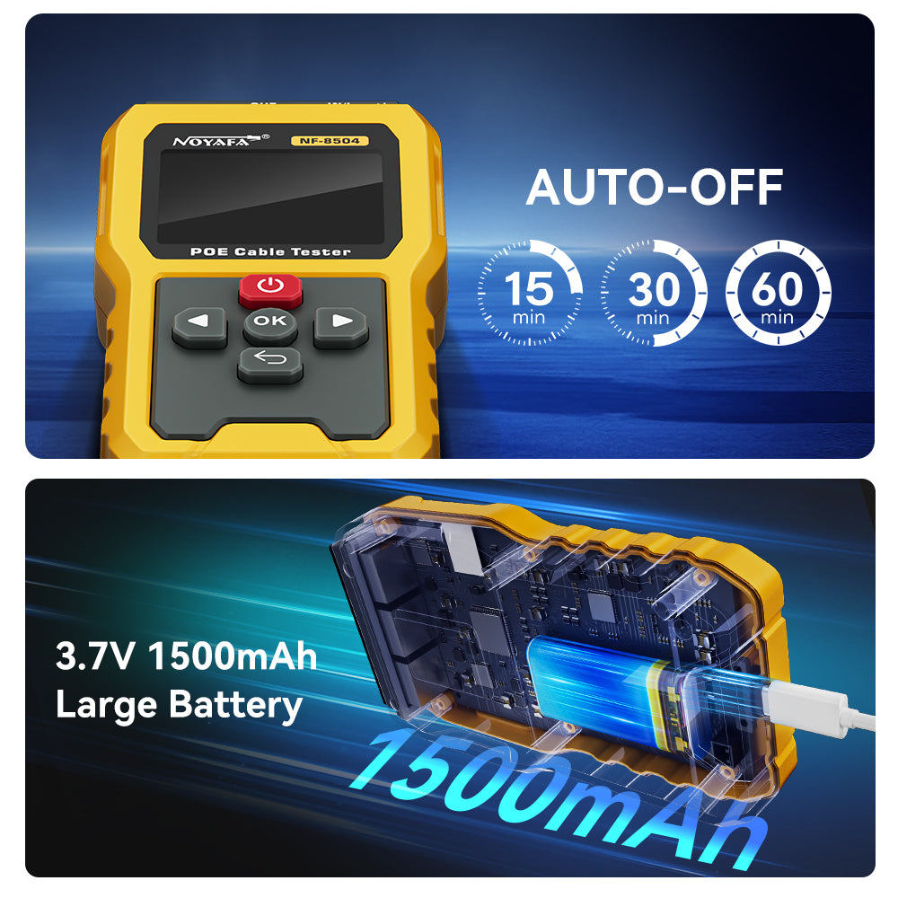 Noyafa NF-8504 PoE Cable Tester – Continuity, Length, Port Flash & PoE Diagnostics, 2.4″ Full-Color LCD Display