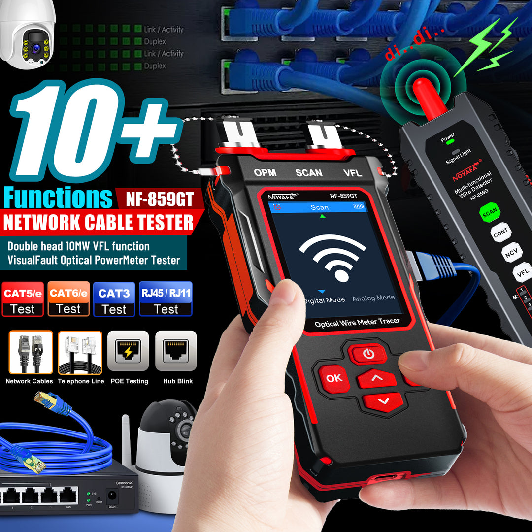 NOYAFA NF-859GT Ethernet & Fiber Multi Cable Tester & Toner with a Unique Receiver Integrating Functions of Remote / Local Wiremapping, VFL, PoE, Crimping Test, & More