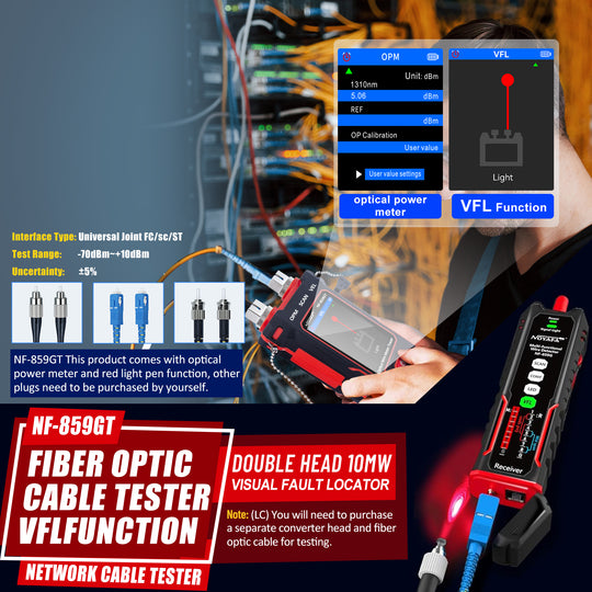 NOYAFA NF-859GT Ethernet & Fiber Multi Cable Tester & Toner with a Unique Receiver Integrating Functions of Remote / Local Wiremapping, VFL, PoE, Crimping Test, & More