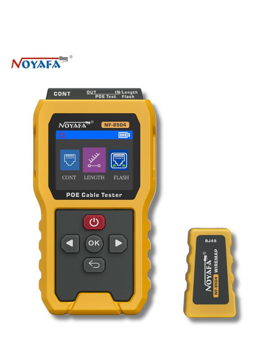 Noyafa NF-8504 PoE Cable Tester – Continuity, Length, Port Flash & PoE Diagnostics, 2.4″ Full-Color LCD Display