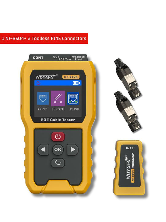 Noyafa NF-8504 PoE Cable Tester – Continuity, Length, Port Flash & PoE Diagnostics, 2.4″ Full-Color LCD Display