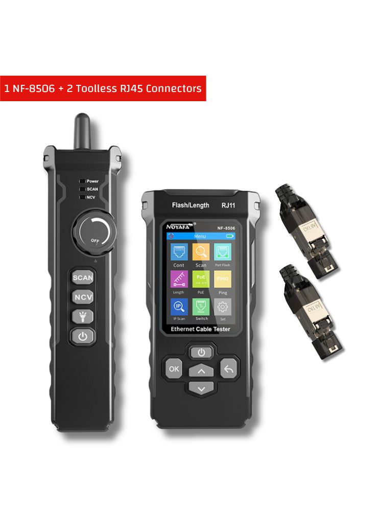 Noyafa NF-8506 Cat5 / Cat5e / Cat6 / Cat6a Ethernet-Kabel-Tracer & Tester mit POE / PING / SWITCH-Test, IP-Scan, Portblitz, Kabellängentests