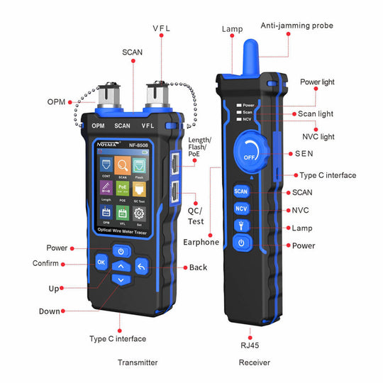 Noyafa NF-8508 9-in-1 Multifunktionsnetzwerkkabel-Kabel-Tester mit Drahtkartierung, Verfolgung, OPM, VFL für die Wartung und Fehlerbehebung von Glasfasern und Ethernet-Netzwerk