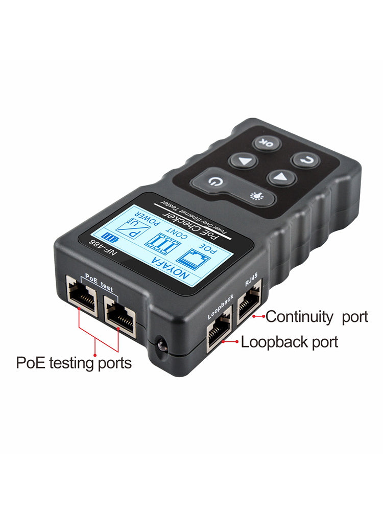 NOYAFA NF-488 POWER Over Ethernet (POE) Tester de verificación. Identificar AT / AF estándar / voltaje / corriente / potencia / continuidad / bucleback