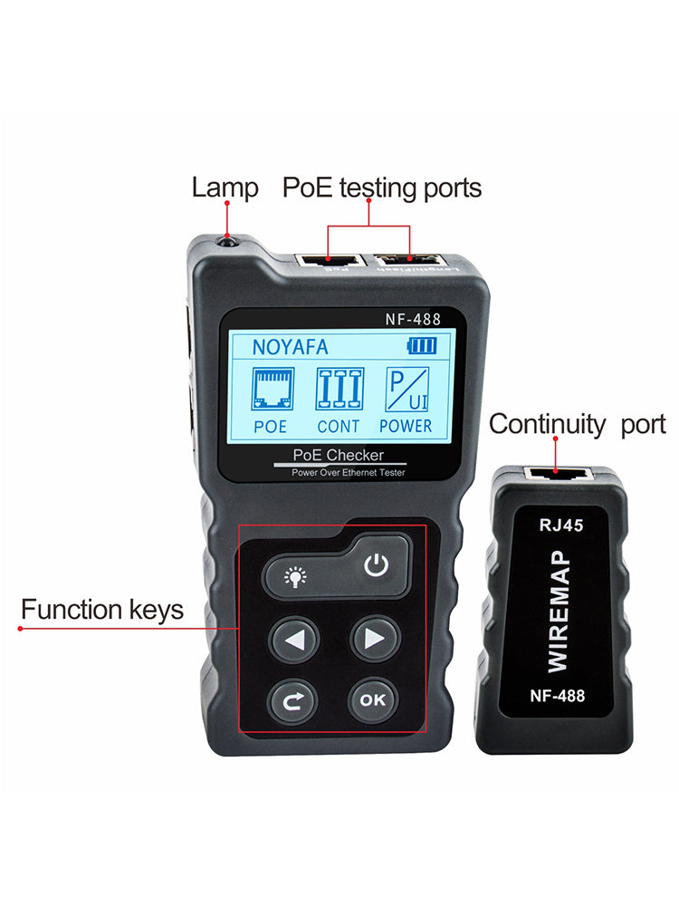 NOYAFA NF-488 Power over Ethernet (PoE) Checker Tester. Identify at/af Standard / Voltage / Current / Power / Continuity / Loopback