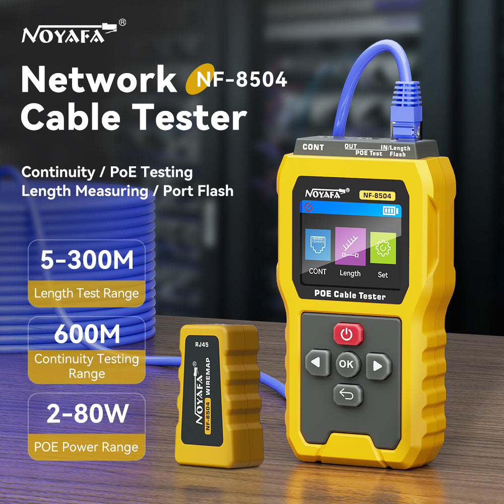Noyafa NF-8504 PoE Cable Tester – Continuity, Length, Port Flash & PoE Diagnostics, 2.4″ Full-Color LCD Display
