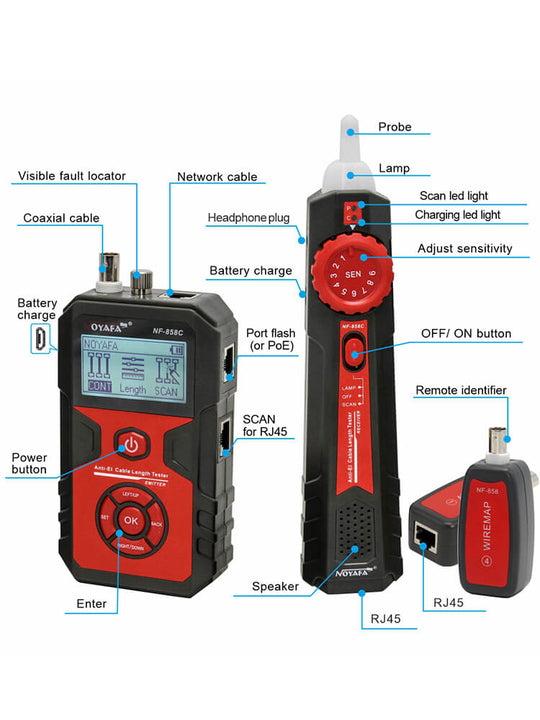 NOYAFA NF-858C Cable multifunción y trazador de cable y probador. Encuentre y pruebe la red, BNC Coaxial e incluso los cables de fibra.