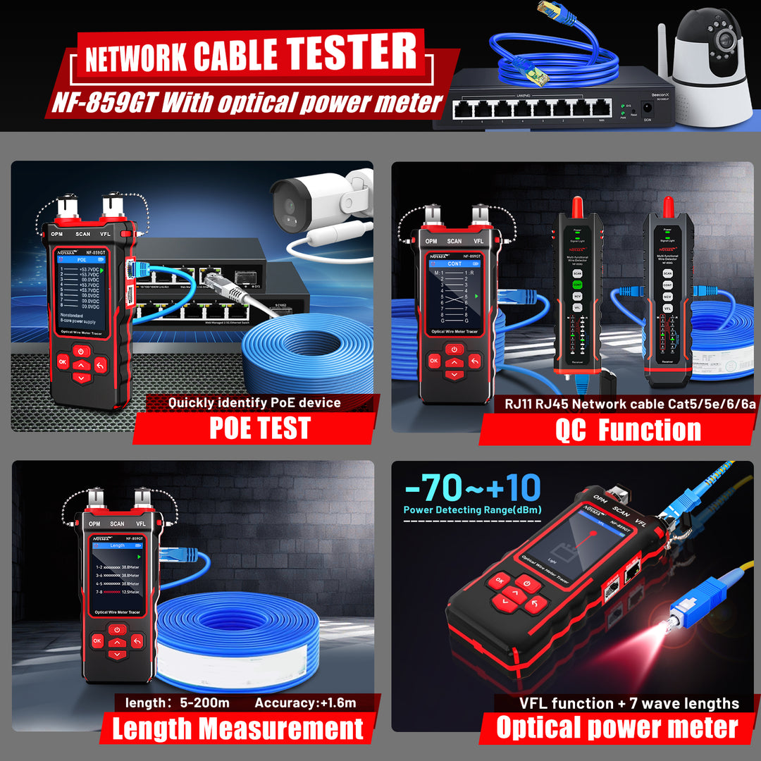 [Nueva llegada] Noyafa NF-859GT Tester de cable multiéter Ethernet & Fiber con un receptor único que integra una variedad de funciones de prueba de alineación, VFL, POE