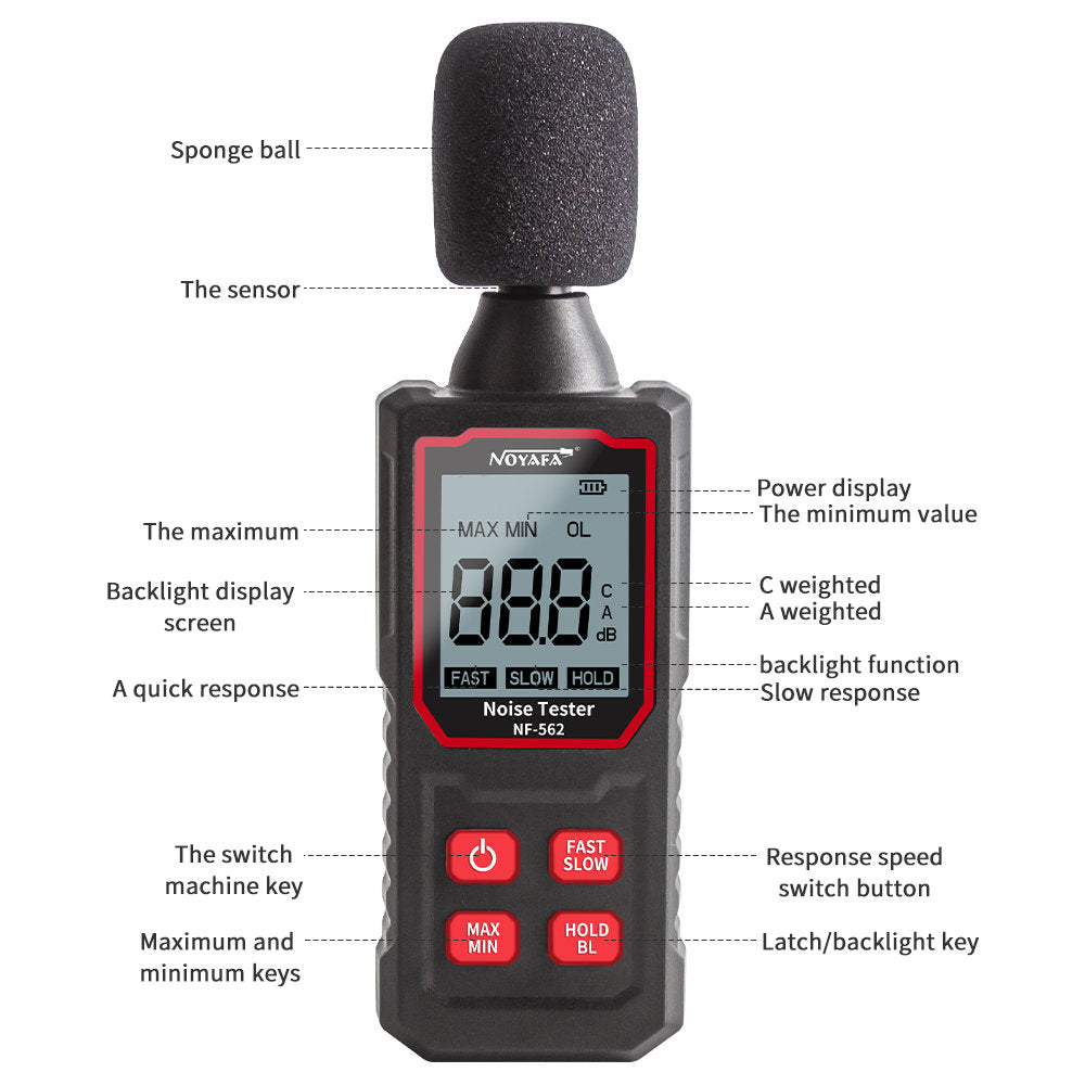 Medidor de Decibel de DeciBel noyafa NF-562, medidor de nivel de sonido digital con rango de medición de 30 a 130 DBA
