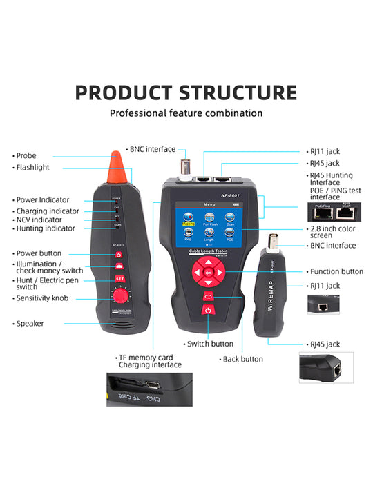 Noyafa NF-8601 Kabellänge-Tester. Suchen Sie Fehler für RJ45/RJ11/BNC -Kabel mit Ping/POE -Funktion