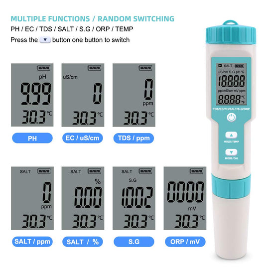NOYAFA NF-C600 Digital 7 in 1 pH TDS Ec Salt S. G. Temp Meter Acidimeter Ppm Electric Conductivity Salinity Water Quality Tester