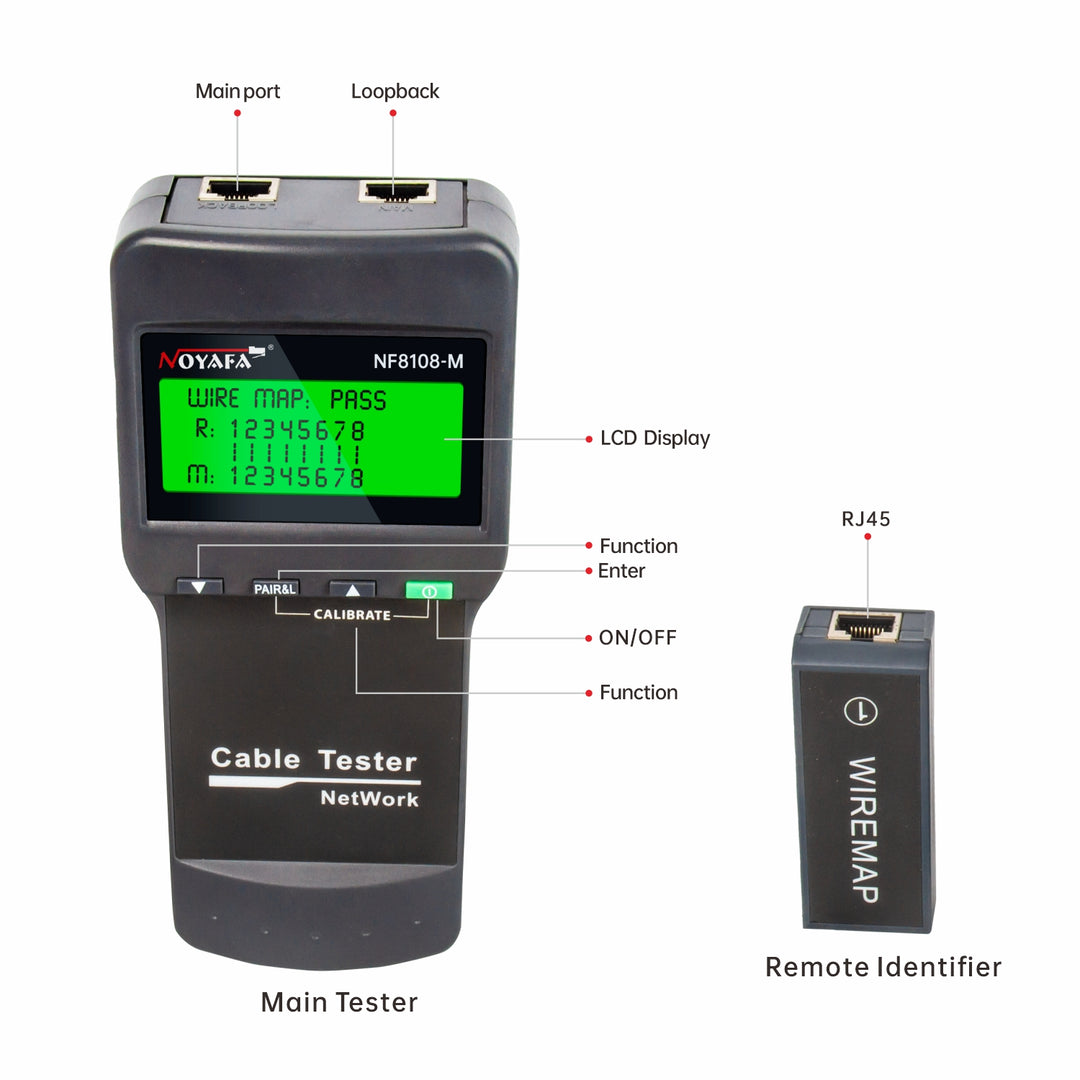 NOYAFA NF-8108M Network Cable Tester Cable Wire Fault Finder with 8 remote. Measure Length for RJ45/Cat5/Cat6/5E/ 6E cable