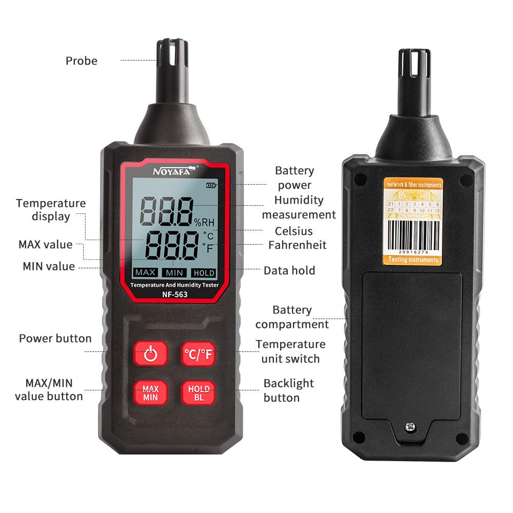 Medidor de humedad del termómetro digital noyafa NF-563 con prueba de punto de rocío ambiental, conmutación de unidad, luz de fondo HD, retención de datos