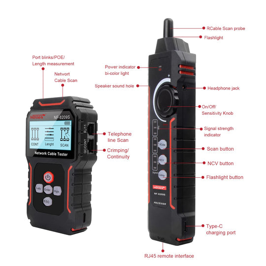 Noyafa NF-8209S Сетевой кабельный тестер и трассировщик с антипонволительным Porbe, Crimp, Poe Port