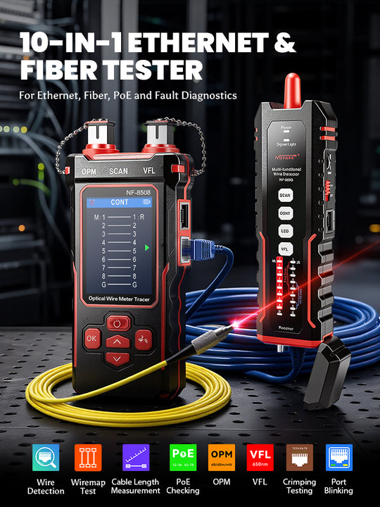 NOYAFA NF-859GT 10-in-1 Multifunction Network Cable Tester with Alignment Test, Wire Detection, Port Blinking, Cable Length Test, PoE Test, Crimping Test, OPM & VFL for Ethernet & Fiber Installation, Maintenance, Troubleshooting, and Structured Cabling