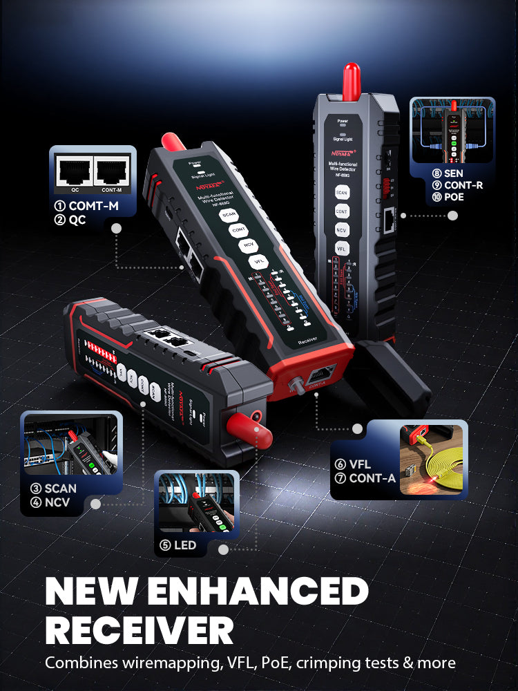 NOYAFA NF-859GT 10-in-1 Multifunction Network Cable Tester with Alignment Test, Wire Detection, Port Blinking, Cable Length Test, PoE Test, Crimping Test, OPM & VFL for Ethernet & Fiber Installation, Maintenance, Troubleshooting, and Structured Cabling