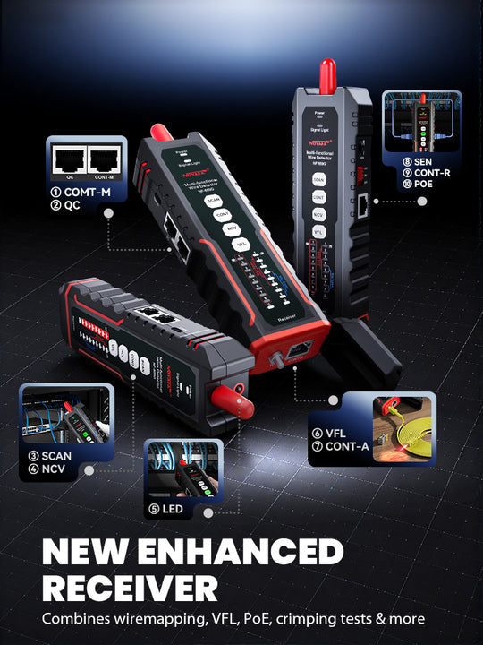NOYAFA NF-859GT 10-in-1 Multifunction Network Cable Tester with Alignment Test, Wire Detection, Port Blinking, Cable Length Test, PoE Test, Crimping Test, OPM & VFL for Ethernet & Fiber Installation, Maintenance, Troubleshooting, and Structured Cabling