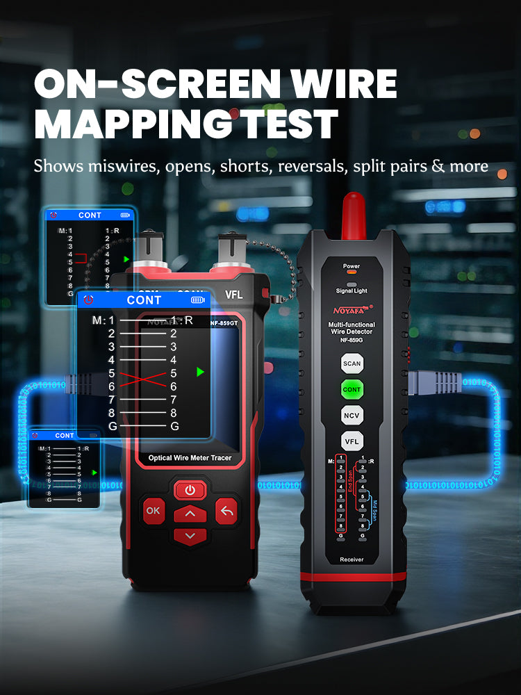 NOYAFA NF-859GT 10-in-1 Multifunction Network Cable Tester with Alignment Test, Wire Detection, Port Blinking, Cable Length Test, PoE Test, Crimping Test, OPM & VFL for Ethernet & Fiber Installation, Maintenance, Troubleshooting, and Structured Cabling