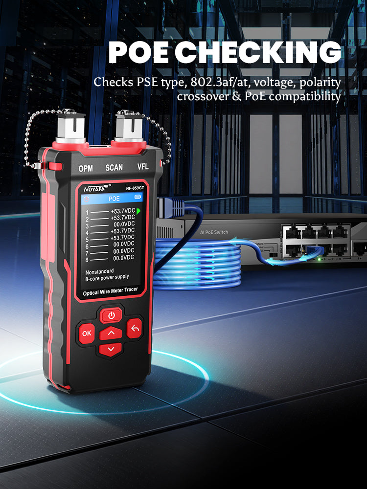 NOYAFA NF-859GT 10-in-1 Multifunction Network Cable Tester with Alignment Test, Wire Detection, Port Blinking, Cable Length Test, PoE Test, Crimping Test, OPM & VFL for Ethernet & Fiber Installation, Maintenance, Troubleshooting, and Structured Cabling