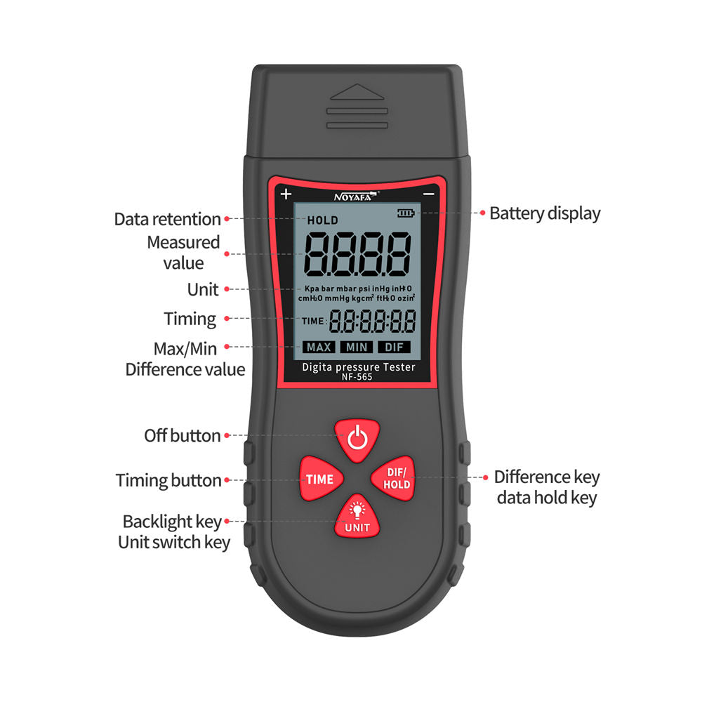 Noyafa NF-565 Digitales Manometer HLK-Luftdruckdifferenzdifferenzdifferenzmessel mit 11 Einheiten Hintergrundbeleuchtung