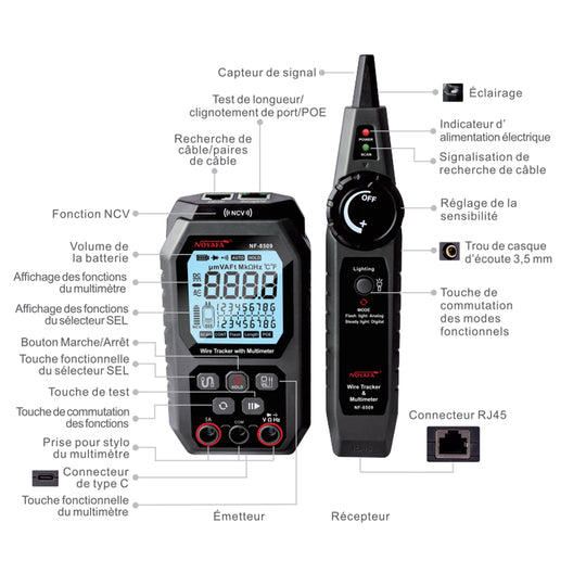 NOYAFA NF-8509 2 en 1 rastreador de cables y multímetro para pruebas electromecánicas y cableado de red