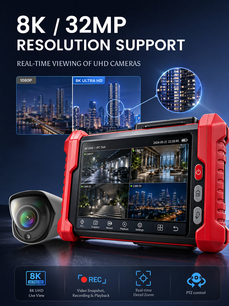 [2026 New] Noyafa NF-IPC728HSO Multifunctional CCTV Tester – 8" Full-HD IPS Display, 8K UHD Cameras Support, Dual Gigabit Ethernet Ports, Various Network Tools, Wi-Fi Analysis, TDR Cable Test, PoE, OPM & VFL for Security Monitoring & Cabling Projects