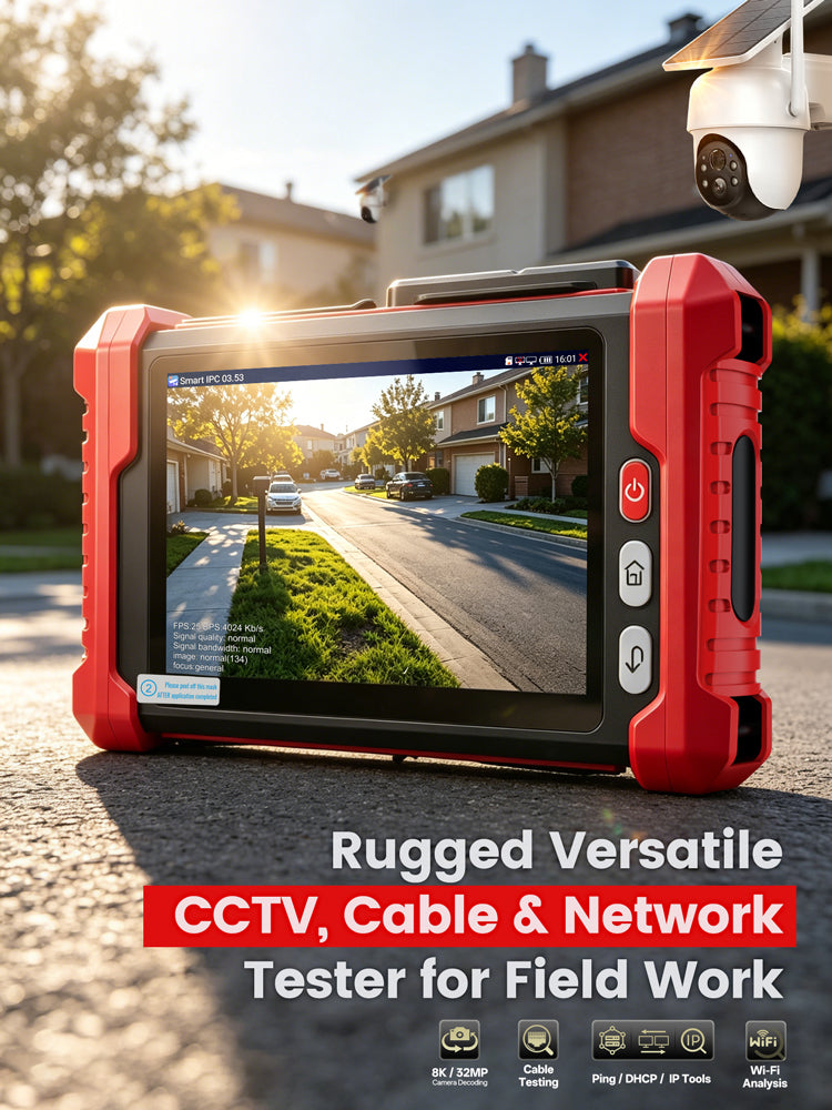 [2026 New] Noyafa NF-IPC728HSO Multifunctional CCTV Tester – 8" Full-HD IPS Display, 8K UHD Cameras Support, Dual Gigabit Ethernet Ports, Various Network Tools, Wi-Fi Analysis, TDR Cable Test, PoE, OPM & VFL for Security Monitoring & Cabling Projects