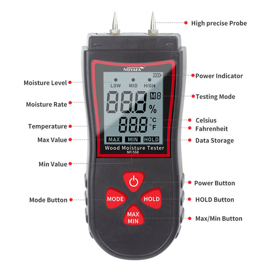 NOYAFA NF-568 Digital Wood Moisture Meter For Lumber Building Material, Pins-style, Ambient Temperature Measurement